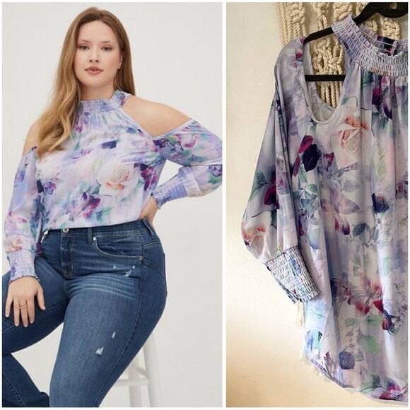 Georgette Smocked Neck Cold Shoulder Blouse - Women SZ 2XL - Business Casual - Picture 1 of 10